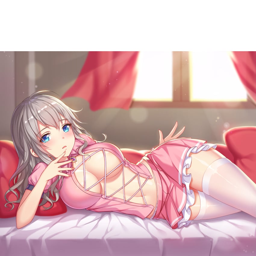 big_breasts blue_eyes girlgame hentai_girl_hime lingerie long_hair looking_at_viewer partially_clothed skirt white_hair