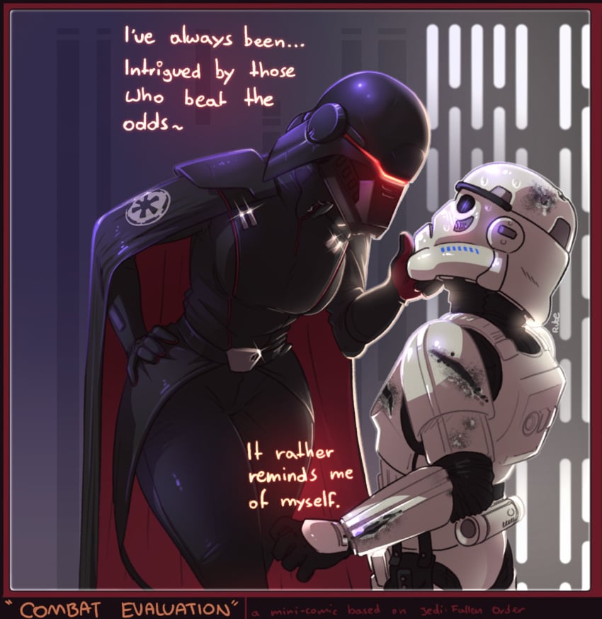 1boy 1boy1girl 1girls big_ass big_breasts breasts color comic dark-skinned_female dark_skin dialogue english_text female helmet hi_res highres jedi:_fallen_order justrube male rube second_sister star_wars stormtrooper straight sweat text trilla_suduri wholesome