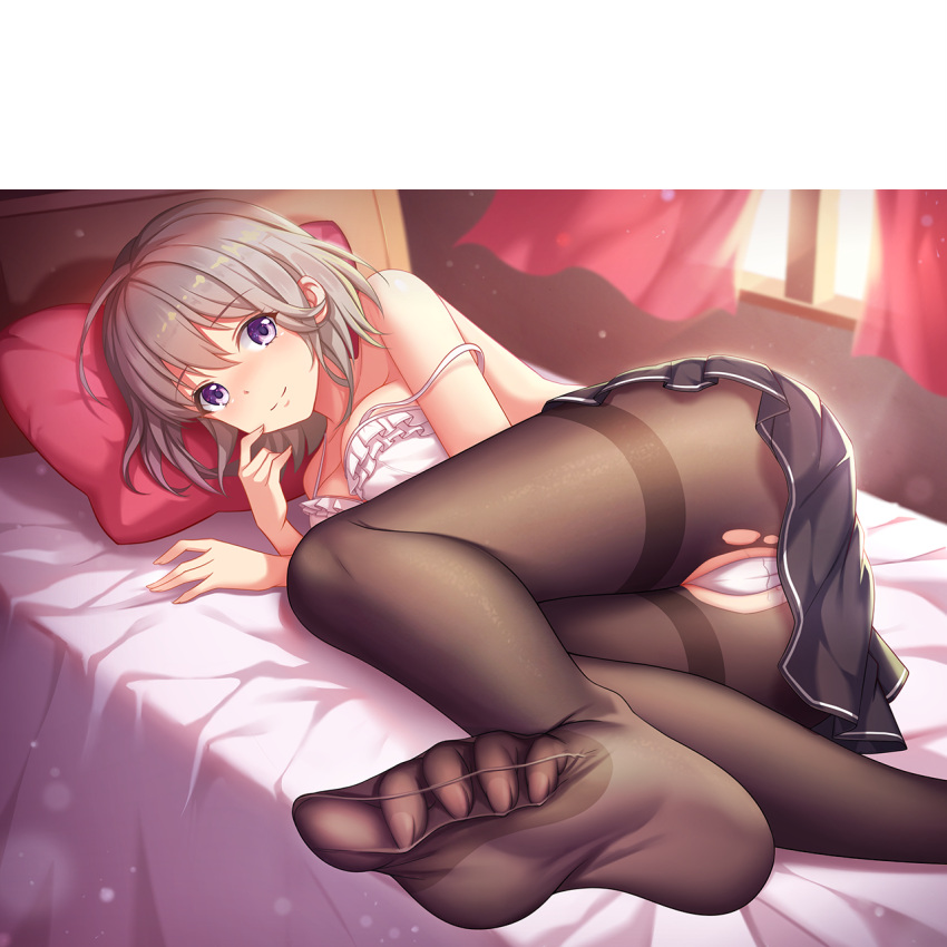 bed big_breasts bra feet girlgame hentai_girl_hime looking_at_viewer panties pantyhose purple_eyes short_hair soles white_bra white_hair white_panties