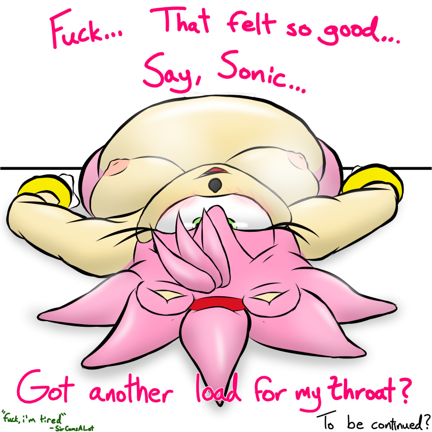 after_sex amy_rose anthro cum_inflation cum_on_belly green_eyes hair_spread_out headband heavy_breathing inflation laying_down lustful_gaze pink_nipples simple_background sir_cums_a_lot sonic_(series) text to_be_continued white_background