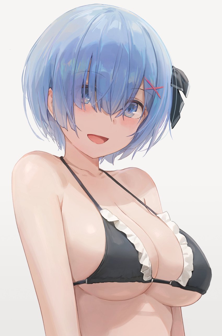 1girls :d absurdres bangs big_breasts bikini blue_eyes blue_hair blush bra breasts cleavage female female_only frilled_bikini frills hair_ornament hair_over_one_eye highres large_breasts looking_at_viewer re:zero_kara_hajimeru_isekai_seikatsu rem_(re:zero) short_hair solo x_hair_ornament yohan1754