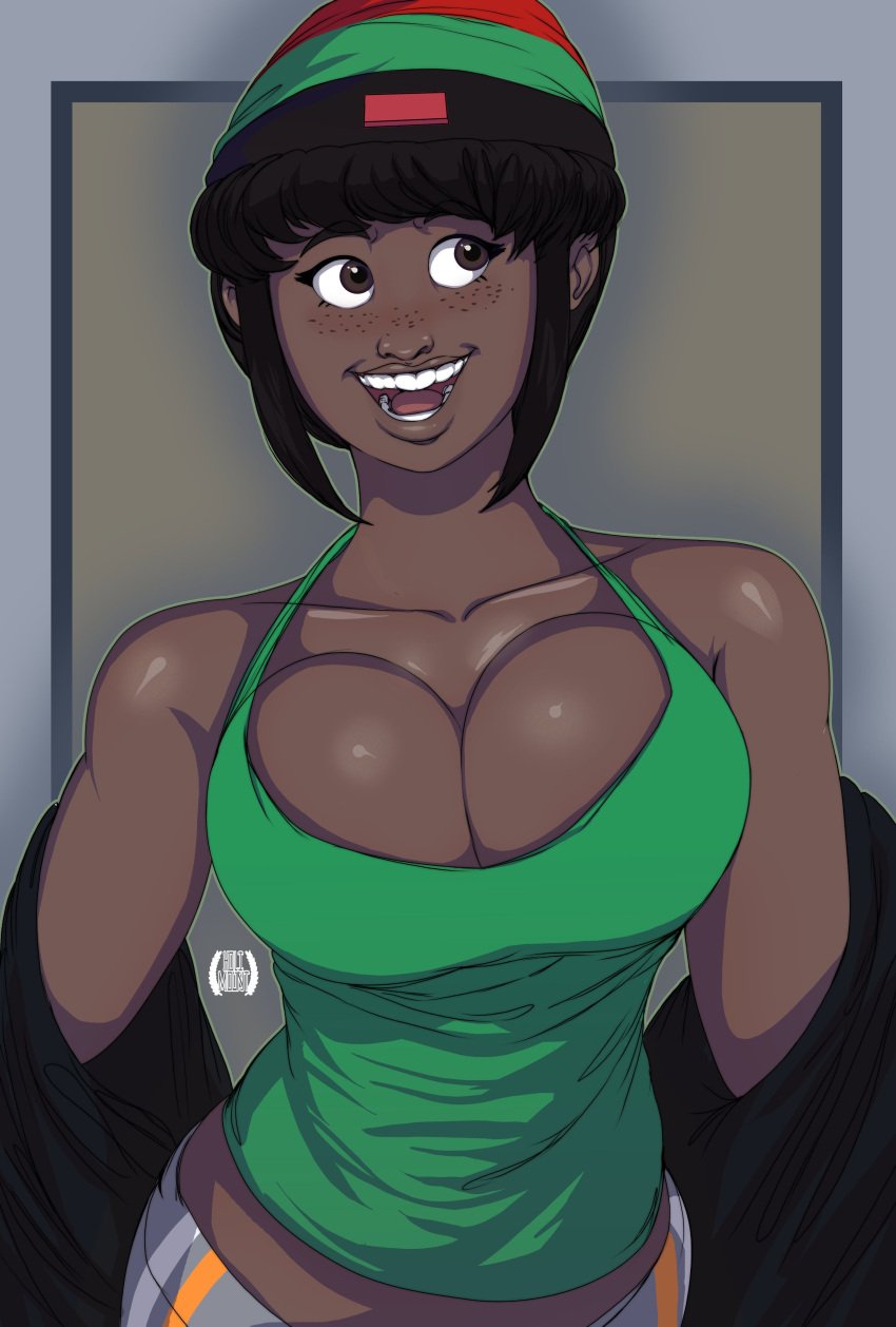 1girls cleavage dark-skinned_female eichh-emmm female female_focus female_only freckles hellonearthiii holimount huge_breasts maybe_tomorrow_(webcomic) skyla_cruz solo solo_female solo_focus