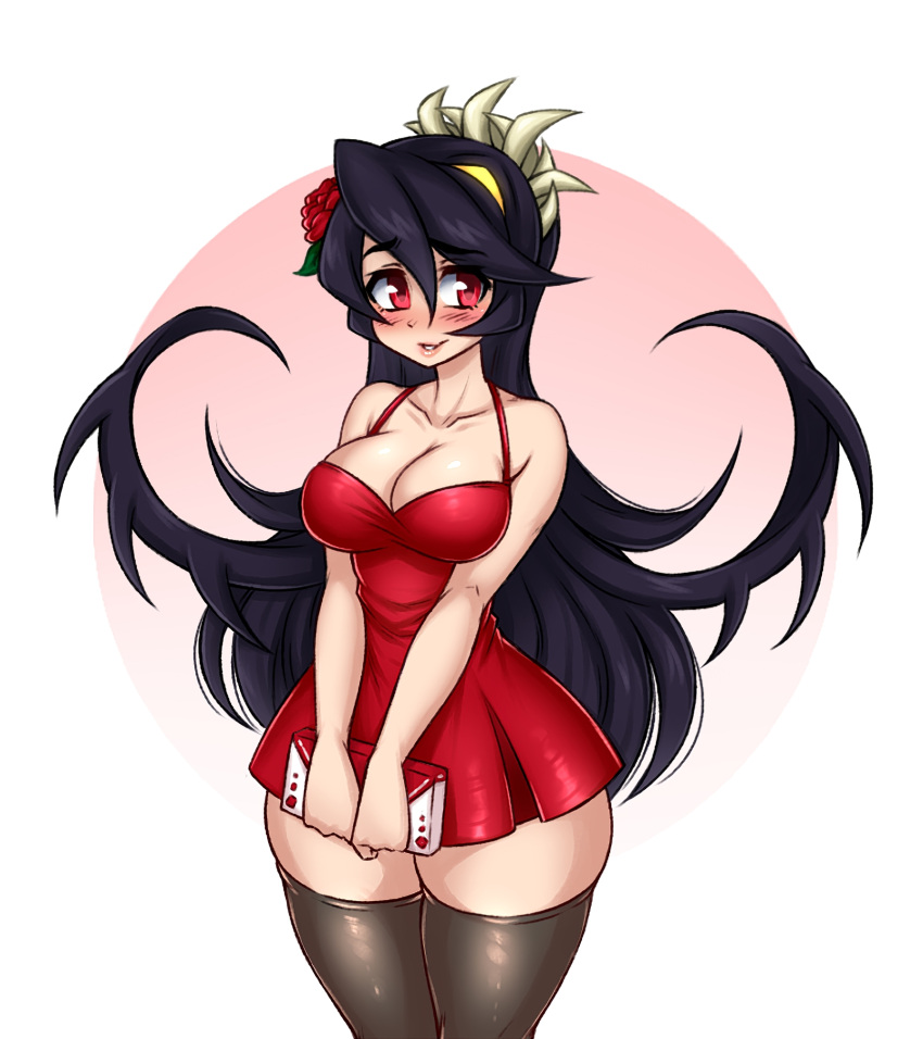 1girls big_breasts black_hair blush breasts cleavage cute dress female female_only filia_(skullgirls) highres lipstick long_hair narrow_shoulders red_dress red_eyes samson_(skullgirls) short_dress skullgirls smile spewing_mews thick_thighs thighhighs thighs thin_arms thin_waist wide_hips