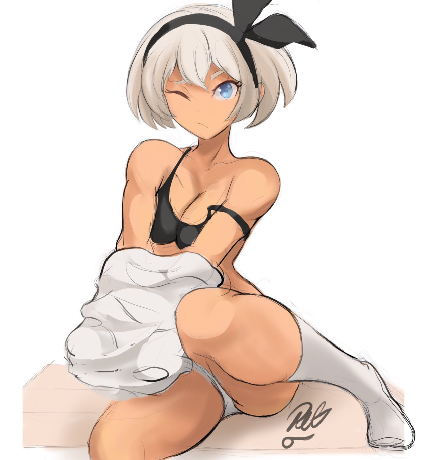 1girls 9_9bird bea_(pokemon) blue_eyes bra nintendo panties pokemon pokemon_ss short_hair socks solo thighhighs thighs underwear undressing wince