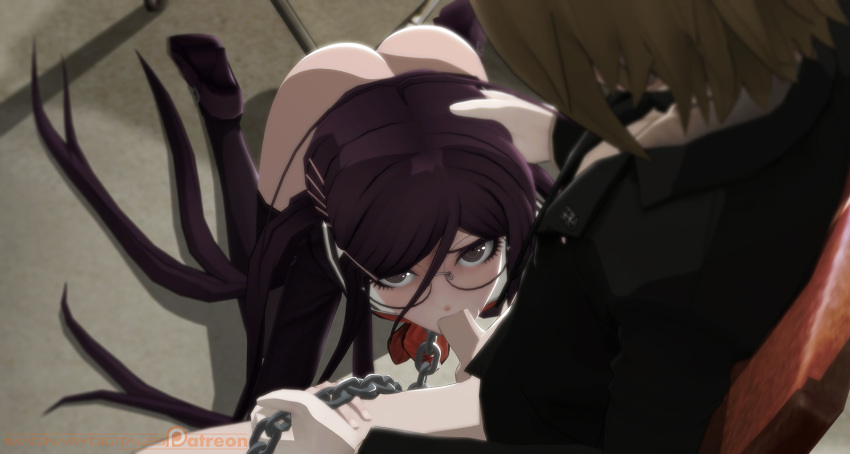 1boy 1girls 3d chained clothed clothing danganronpa erection fellatio fukawa_touko glasses imaginarydigitales oral oral_sex penis straight_hair togami_byakuya