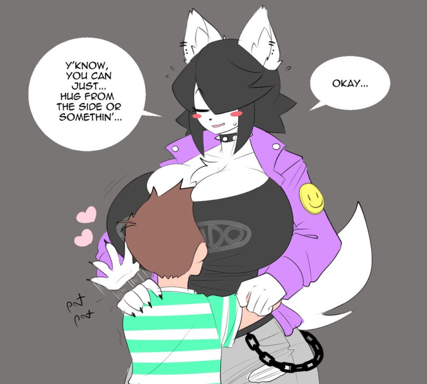 1boy 1boy1girl 1girls 2021 anthro big_breasts black_hair blush canine canine_humanoid cleavage closed_eyes dog_ears dog_tail english english_text eyes_closed female fur_tuft furry hair_over_one_eye head_between_breasts hug larger_female maggie_applebee male petting short_hair size_difference smaller_male speech_bubble tail text theycallhimcake top_heavy wholesome