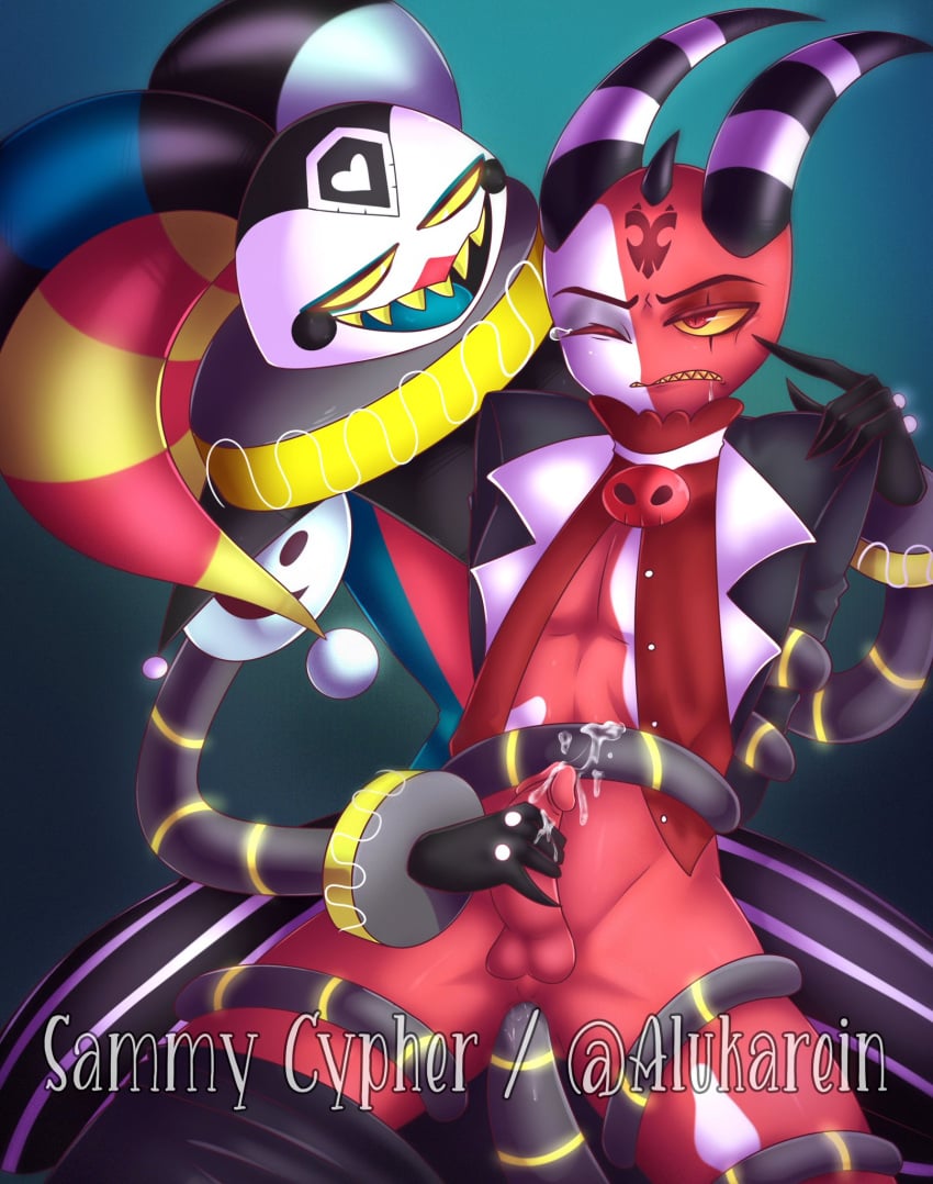 2boys alukarein animatronic blitzo_(helluva_boss) bodily_fluids curved_horn demon duo fizzarolli_(helluva_boss) helluva_boss horn imp male male_only one_eye_closed penis red_body red_penis red_skin robo_fizz robo_fizzarolli robot saliva sammy_cypher tears teeth vivienne_medrano white_skin yaoi yellow_eyes yellow_sclera