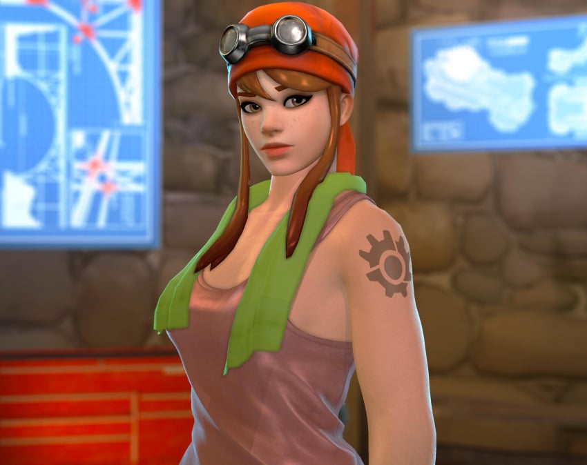 3d bandana brigitte brown_eyes brown_hair engineer_brigitte freckles goggles_on_forehead goggles_on_head overwatch overwatch_2 pov rwt4184 straight tattoo