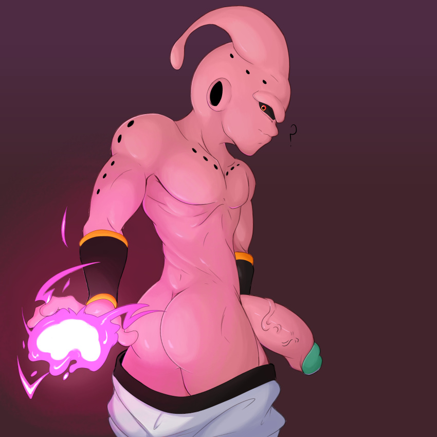 1:1 absurd_res alex_kitsune ass big_penis dragon_ball dragon_ball_z energy_ball gay genitals hi_res humanoid kid_buu looking_at_viewer looking_back majin_buu male male_only penis simple_background solo