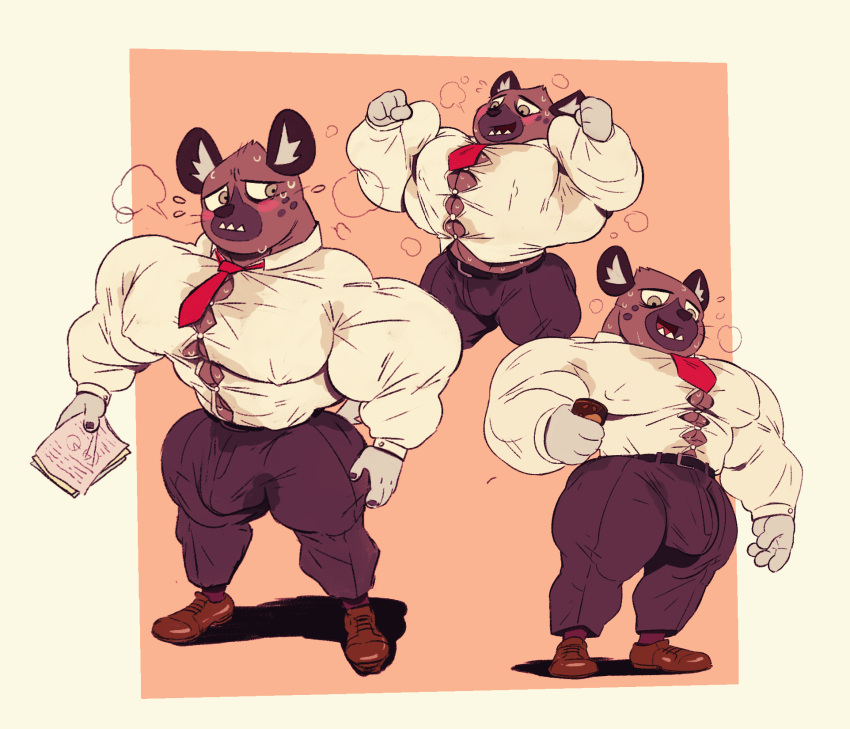 2019 3_fingers aggressive_retsuko anthro belt beverage big_muscles blush bodily_fluids border bottomwear bulge clothed clothing dirtyyeen dress_shirt fingers flexing footwear haida hi_res hyaenid male male_only mammal muscular muscular_anthro muscular_male necktie nipple_outline pants paper sanrio shirt shoegaze. shoes simple_background smooth_fur solo spotted_hyena standing sweat sweat_stain tan_background tight_clothing topwear white_border