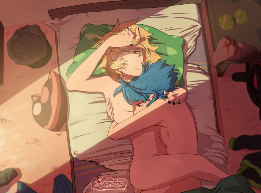 bed bedroom blonde_hair blue_hair cartoon_network cuddling cute dement09 face_in_breasts female female/female freckles hiding_face hug humanized lapis_lazuli_(steven_universe) leg_around_waist nude nude_female peridot_(steven_universe) sleepy small_breasts steven_universe watermark wholesome yuri