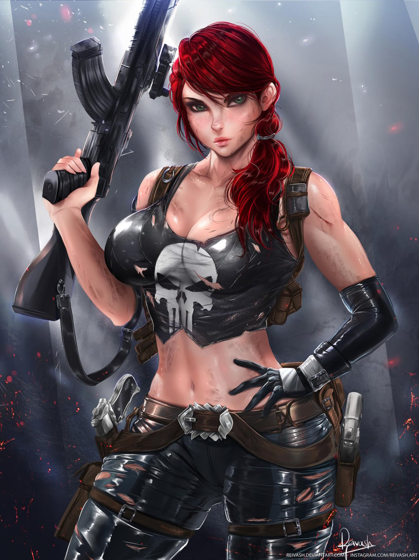 1girls assault_rifle big_breasts black_clothing cleavage crop_top elbow_gloves female female_only fully_clothed genderswap_(mtf) glove green_eyes gun guns huge_breasts large_breasts marvel marvel_comics pistol punisher red_hair reivash rule_63 skull solo tight_clothing tight_pants torn_clothes