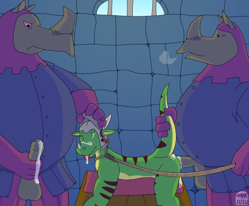 3boys anthro armor balls bars big_dom_small_sub bodily_fluids bound breath clothed clothing cum cum_in_ass cum_inside cum_on_face cum_on_penis cum_on_tongue disney domination dragon dungeon erection forced foreskin gay genital_fluids genitals green_body green_scales grey_body grey_skin group group_sex guards headgear helmet horn humanoid_genitalia jususama_(artist) male male/male male_only mammal masturbation medieval_armour open_mouth overweight penile penile_masturbation penis prison prison_rape rape rhino_guard rhinocerotoid robin_hood_(disney) rope scales scalie sex signature size_difference stripes threesome tongue tongue_out wingless_dragon wooden_horse_(device) yaoi