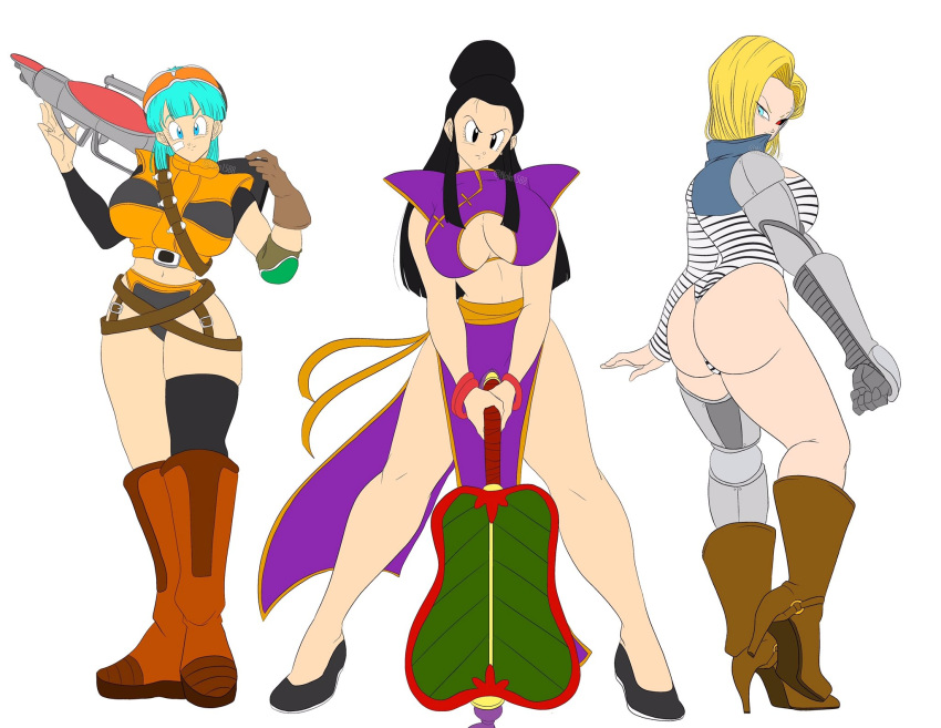 3girls alternate_costume android_18 ass bansho_fan blaster boots bulma_briefs bulma_briefs_(frieza_saga) chichi china_dress cyborg dragon_ball dragon_ball_z female female_only gynoid high_heel_boots high_heels multiple_girls nala1588 robotic_arm robotic_leg shounen_jump tagme thick_thighs wide_hips