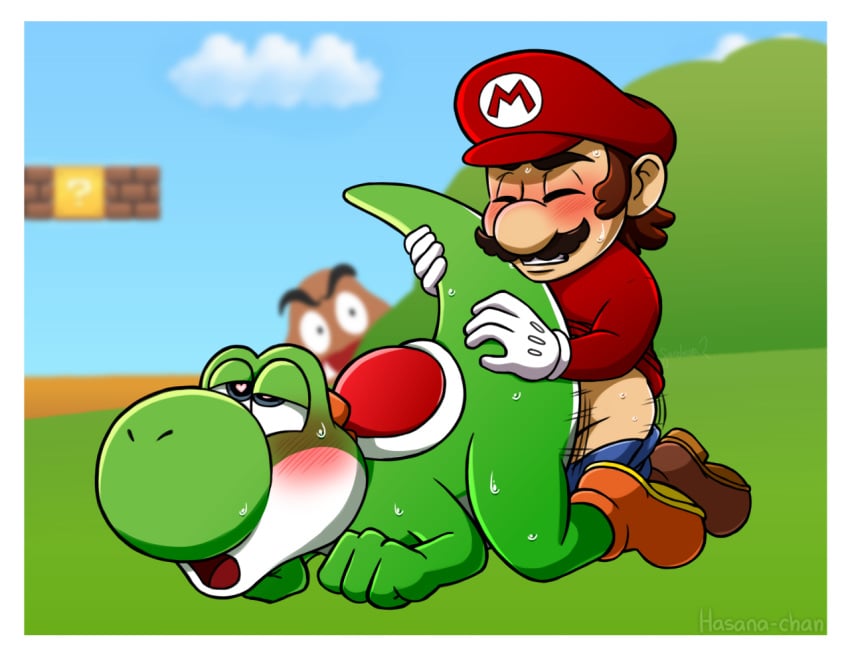 ambiguous_gender ambiguous_penetrated blush goomba hasana-chan heart-shaped_pupils male male_focus male_only male_penetrating mario mario_(series) motion_lines nintendo super_mario_bros. sweat yoshi