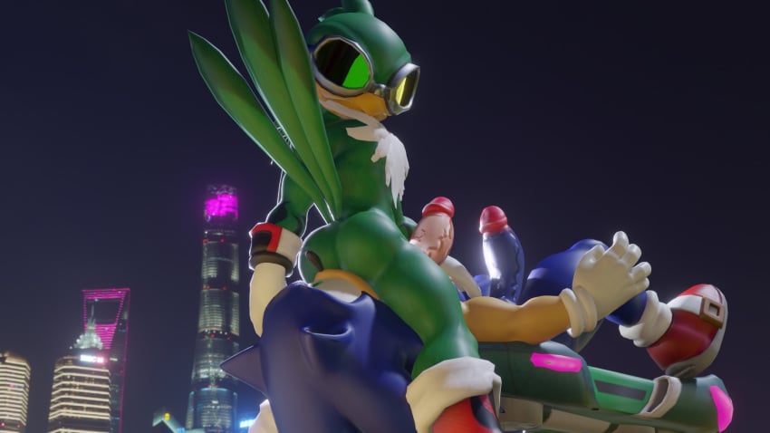 3d anthro avian balls beak board goggle green_body green_feathers hawk hedgehog jet_the_hawk male mammal penis pubes sonic_(series) sonic_riders sonic_the_hedgehog twintailssfm yaoi