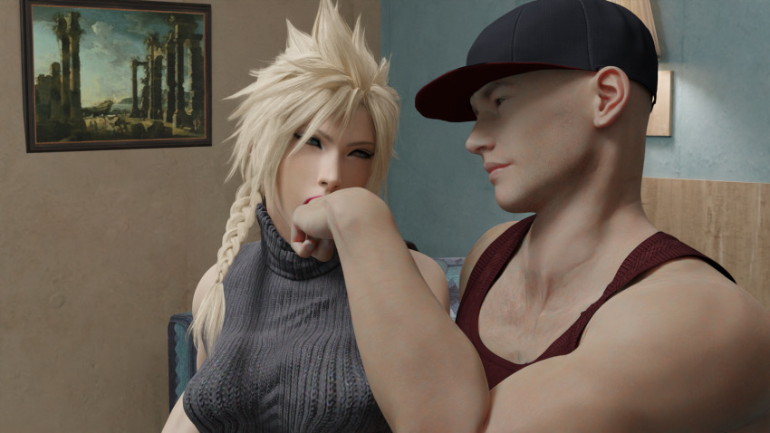 1boy 1girls 3d blender blonde_hair cloud_strife cloudette_strife female final_fantasy final_fantasy_vii finger_in_mouth hotel male male_to_female rule_63 thunder_head tscd_rendering