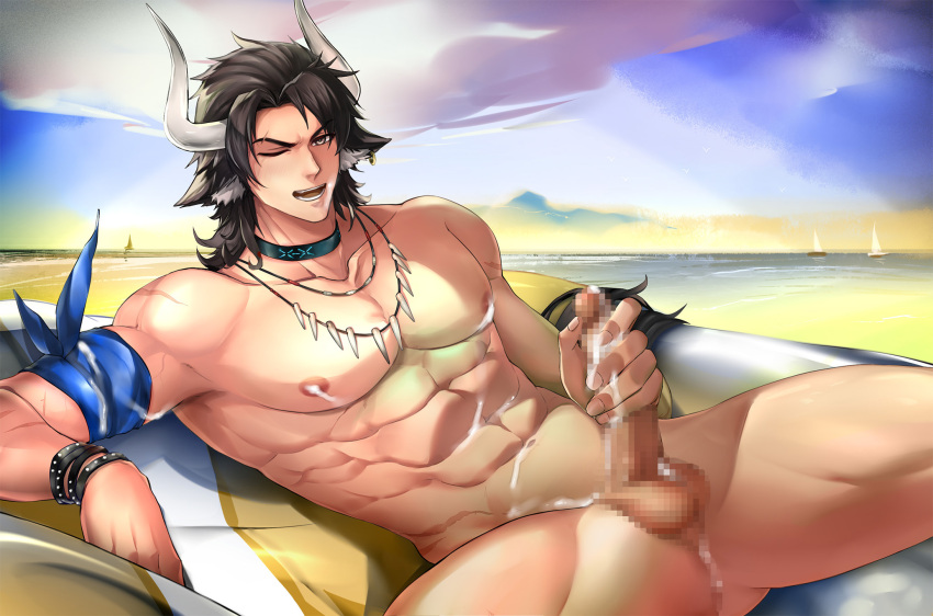 1boy abs animal_ears anus arknights arm_behind_head armpit_peek beach brown_eyes brown_hair censored cow_boy cow_ears cow_horns cum cum_on_boy day earrings highres horns jewelry male male_focus male_lactation male_masturbation male_only masturbation matterhorn_(arknights) matterhorn_(beach_guard)_(arknights) medium_hair mosaic_censoring muscular muscular_male navel nipples outdoors pectorals penis pmoazi seductive_smile serok smile solo spread_legs thighs tooth_necklace