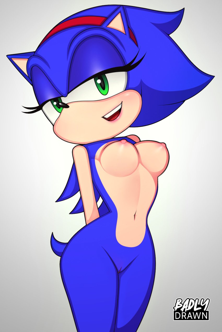 anthro artist_name badlydrawn blue_body blue_fur breasts casual crossgender exposed_torso female footwear fur furry furry_only green_eyes hair hands_behind_back handwear headband hedgehog lips lipstick loodncrood looking_at_viewer makeup mtf_crossgender navel open_smile pussy rule_63 sega smile solo sonic_(series) sonic_the_hedgehog sonique_the_hedgehog standing tagme tail tan_body thick_thighs