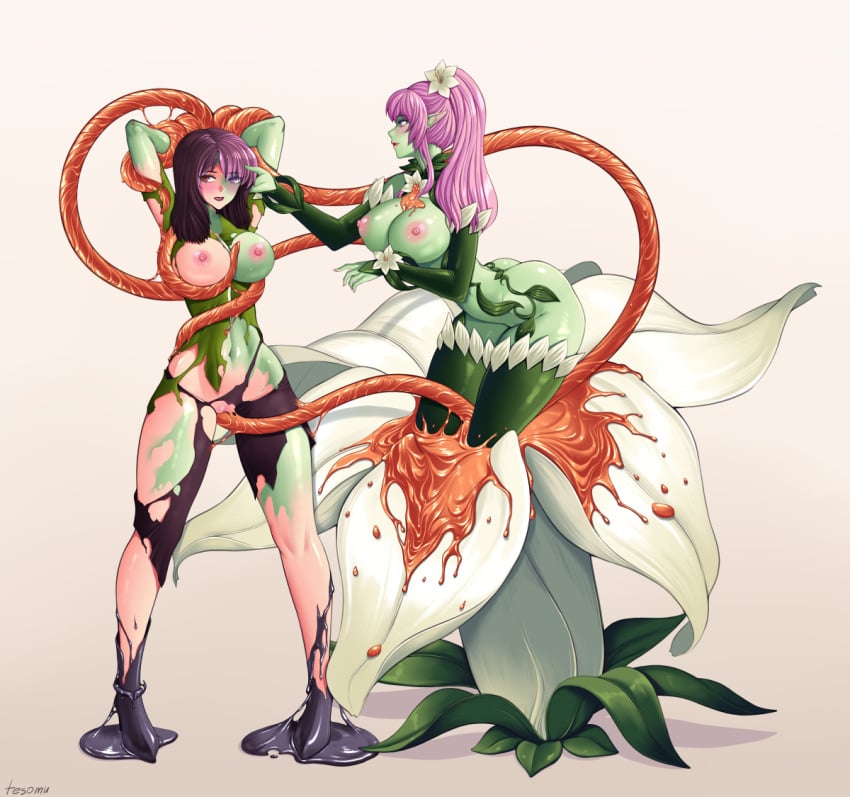 2020 2girls accessory alraune black_hair breasts clothing corruption duo elemental_creature elemental_humanoid european_mythology female female_only flora_fauna flower flower_in_hair genitals green_body hair hair_accessory human human_to_humanoid humanoid humanoid_pointy_ears liliraune_(monster_girl_encyclopedia) mammal mid_transformation monster_girl_encyclopedia multiple_girls mythology navel nipples pink_hair plant plant_humanoid pussy rape restrained simple_background tentacle tesomu torn_clothing transformation white_background wrists_tied yuri