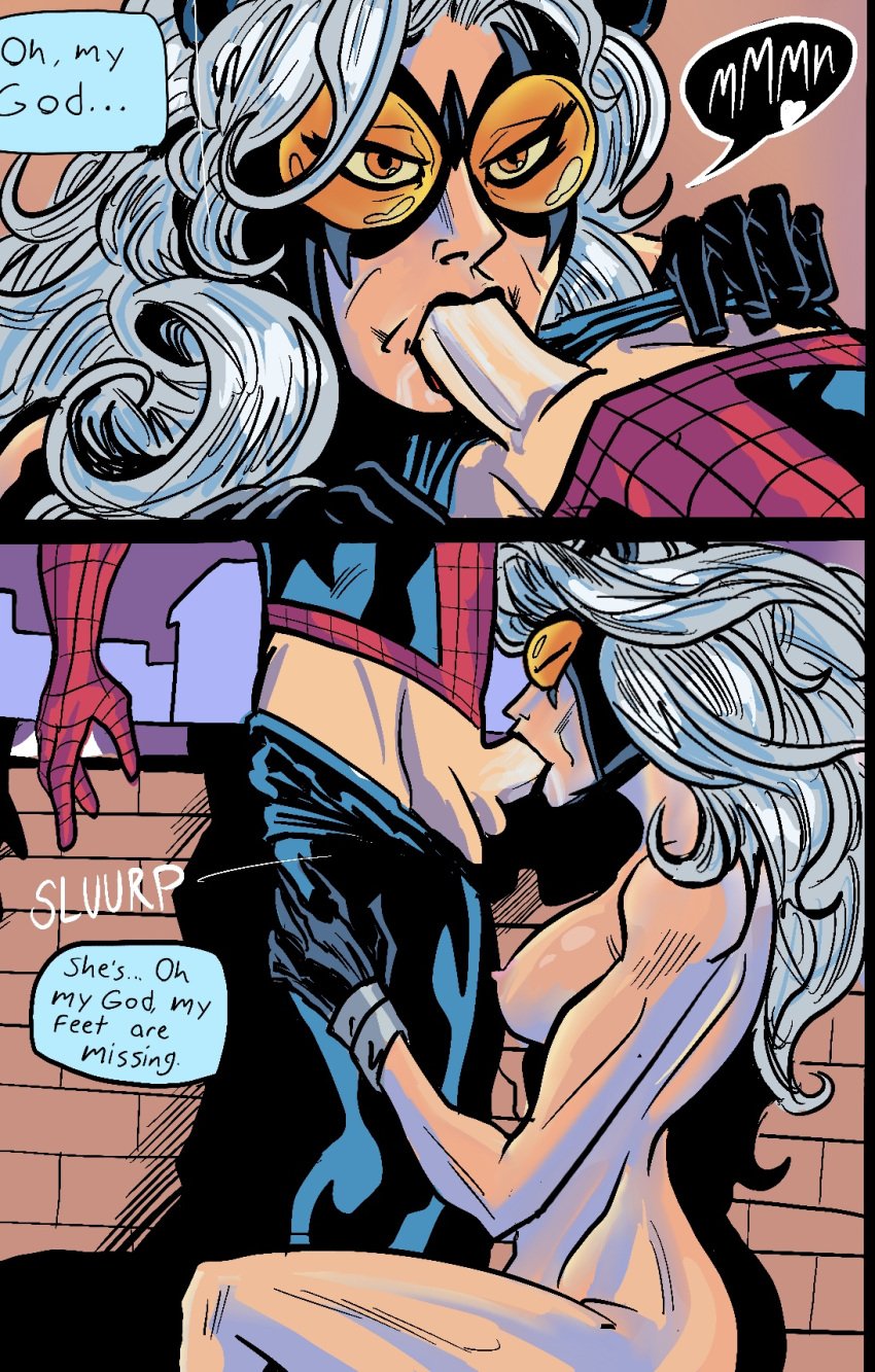 black_cat_(marvel) blowjob comic earth_1610 english_text felicia_hardy female male marvel milf nipples older_woman_and_younger_boy oral penis peter_parker pinned spider-man spider-man_(series) straight straight_hair sucking teenager text ultimate_black_cat ultimate_spider-man ultimate_spider-man_85