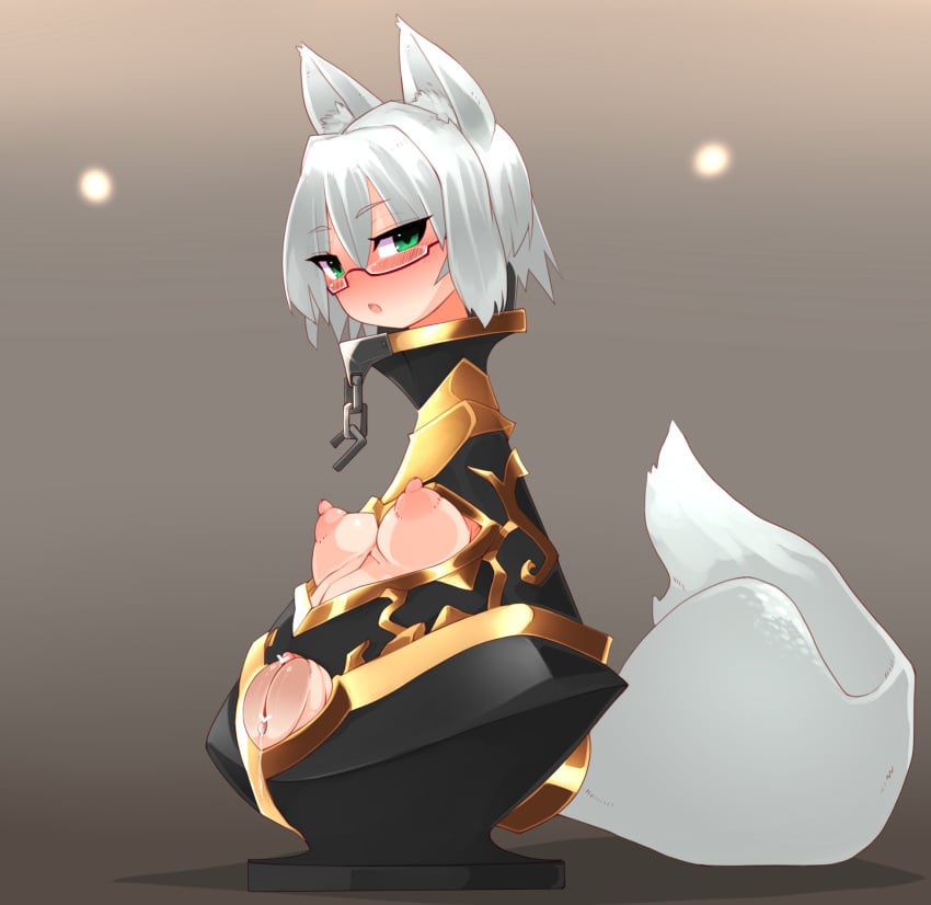 1girls 2020 animal_humanoid blush breasts canid canid_humanoid canine canine_humanoid censored esupu eyewear female fox_humanoid genitals glasses green_eyes grey_hair hair hi_res humanoid ladypot looking_at_viewer mammal mammal_humanoid nipples open_mouth pussy simple_background solo