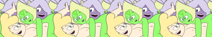 2019 3girls alien_girl amethyst_(steven_universe) blonde_hair blue_eyes digital_media_(artwork) e350 female female_focus female_only green_hair green_skin hi_res high_resolution highres human looking_at_another multiple_girls nipples not_furry not_furry_focus nude peridot_(steven_universe) purple_hair purple_skin reality-breaking sadie_miller smile steven_universe threesome transformation