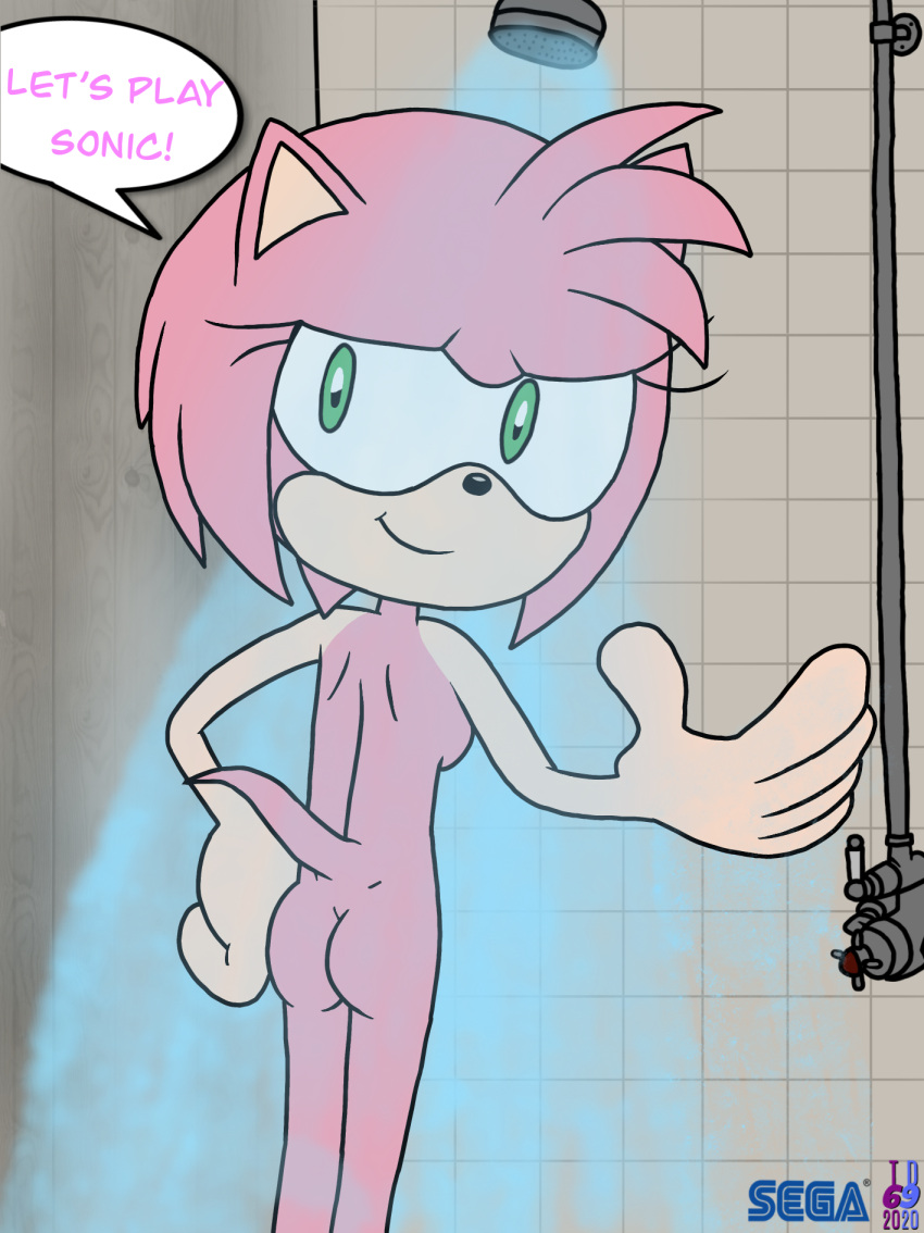 alternate_version_at_source alternate_version_available amy_rose anthro ass eyelashes female hair hedgehog looking_back pink_body pink_hair shower smile sonic_(series) tan_body the_wank_bank thedispenser69