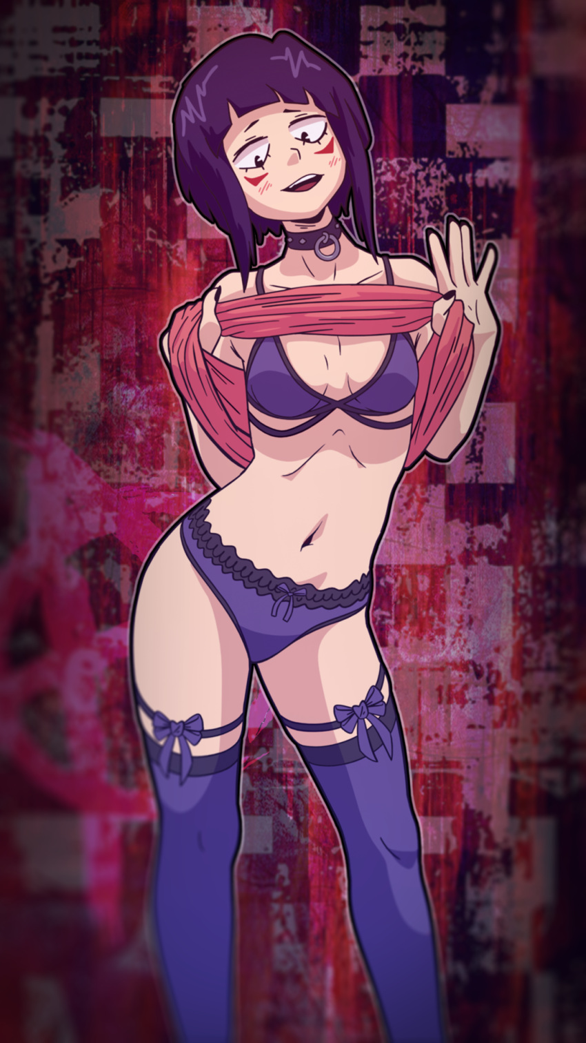 blush cakemixcat choker facial_markings feet_out_of_frame female female_focus female_only kyoka_jiro lingerie looking_down my_hero_academia navel painted_nails panties pattern_background pose purple_hair ribbon shoulder_length_hair solo standing thighhighs underwear undressing