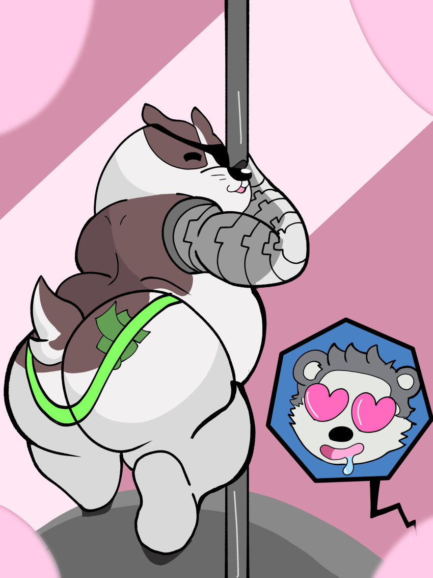 <3_eyes 3:4 absurd_res anthro ass badger badgerclops belly cartoon_network clothing coccui cybernetics cyborg dancing eye_patch eyewear heart hi_res machine male mammal mao_mao:_heroes_of_pure_heart mustelid musteline overweight overweight_male pole stripper stripper_pole thong underwear