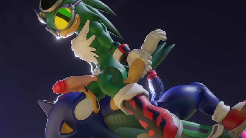 3d anthro avian balls beak board goggle green_body green_feathers hawk hedgehog jet_the_hawk male mammal penis pubes sonic_(series) sonic_riders sonic_the_hedgehog sonic_the_hedgehog_(series) twintailssfm yaoi