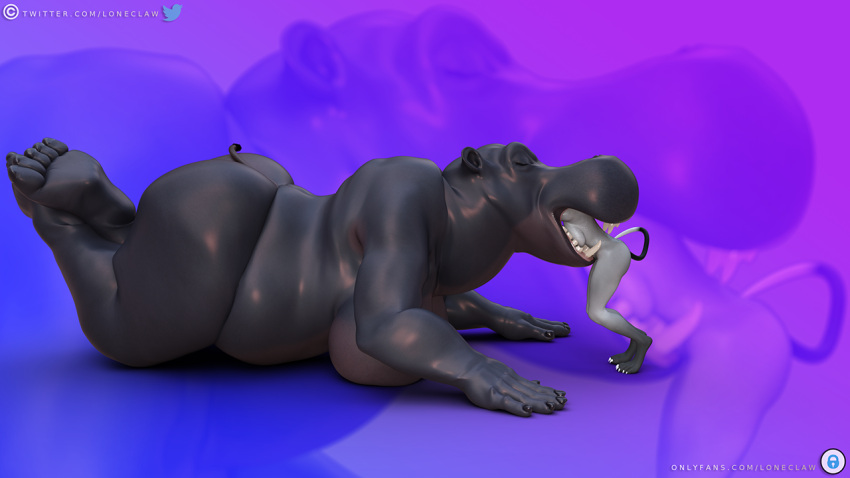 16:9 3d_(artwork) anthro ass big_breasts big_butt body_in_mouth breasts common_hippopotamus daz3d daz_3d digital_media_(artwork) domestic_cat duo felid feline felis female female/female hands_in_mouth head_in_mouth hippopotamid huge_breasts huge_butt huge_thighs in_mouth jasmine_(loneclaw) larger_female loneclaw lying lying_on_breasts lying_on_ground mammal mature_female on_front oral_vore overweight overweight_female size_difference smaller_female thick_thighs vore wide_hips widescreen willing_vore yuri