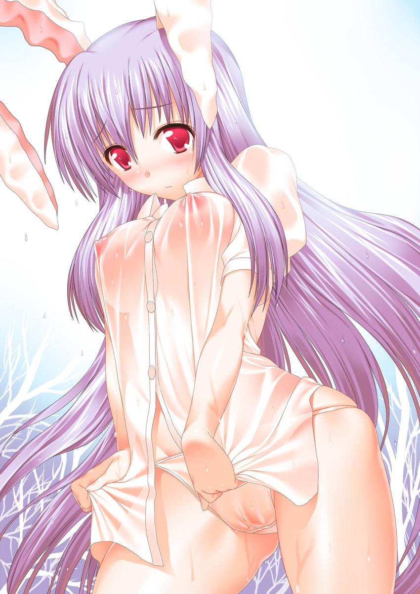 1girls animal_ear blush bottomless breasts bunny_ear buxk cameltoe erect_nipples female highres huge_breasts long_hair necktie nipples no_pants panties purple_hair red_eyes reisen_udongein_inaba see-through shirt solo suzume_inui touhou underwear wet wet_panties white_shirt