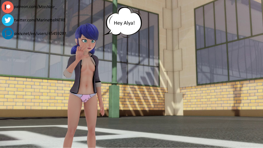 1girls blue_eyes blue_hair exposed female female_only forgot_pants marinette_cheng marinette_dupain-cheng miraculous miraculous_ladybug no_pants open_shirt small_breasts solo text