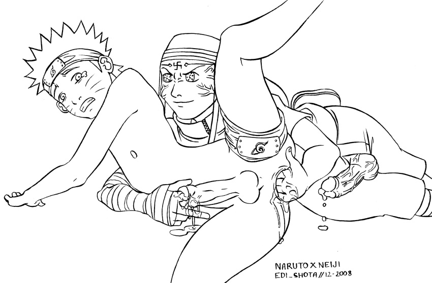 2008 2boys anal_fisting clothed_on_nude cum edi_shota erection fisting human hyuuga_neji male male_only male_urethral_insertion monochrome multiple_males naruto nude penis testicles urethral urethral_fingering urethral_insertion uzumaki_naruto yaoi