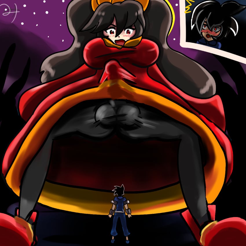 1boy 1futa 2020 ashley_(warioware) big_penis black_hair blush digital_media_(artwork) dress erection erection_under_clothes futa_focus futa_with_male futanari giantess hi_res high_resolution highres human human_only humanoid_penis large_penis looking_down looking_up male mario_(series) miraimiru night not_furry not_furry_focus open_mouth penis penis_growth red_eyes signature size_difference standing stars uniform warioware young_cricket_(warioware)