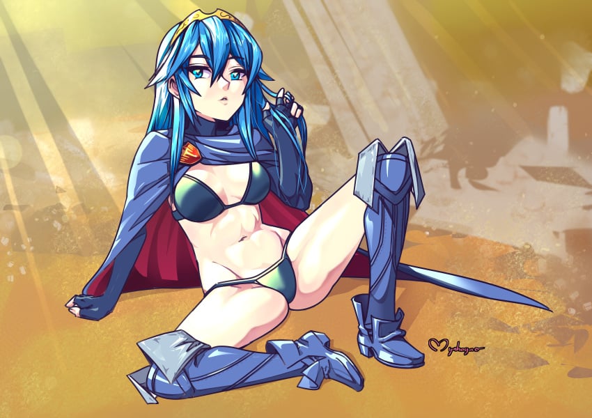 1girls alternate_color alternate_hair_color bare_midriff bare_thighs bikini bikini_armor blue_eyes blue_hair boots elbow_gloves fair-skinned_female fair_skin female fingerless_gloves fire_emblem fire_emblem_awakening gloves light-skinned_female light_blue_eyes light_blue_hair light_skin long_hair looking_at_viewer lucina_(fire_emblem) medium_breasts myahogao nintendo playing_with_hair playing_with_own_hair sitting small_breasts solo solo_female super_smash_bros. tiara