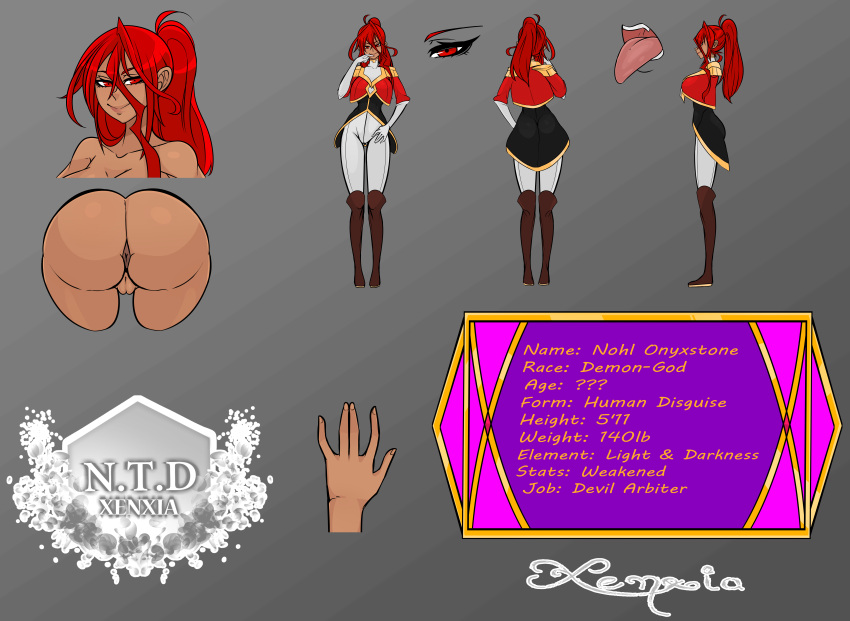 1girls anus ass atelier_sol_aer character_sheet clothed dark_skin female long_boots nohl_onyxstone_(xenxia) ponytail red_eyes red_hair vagina xenxia