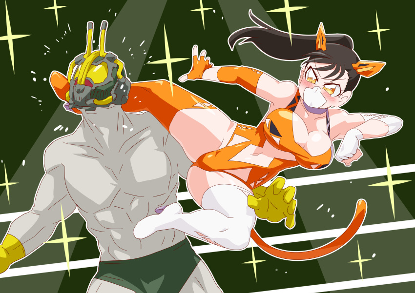 1boy 1boy1girl 1girls abbadon animal_ears armband big_breasts black_hair bodysuit cat_ears face_mask facemask fight fighting fighting_ring gloves green_background green_underwear grey_skin kamen_rider kamen_rider_valkyrie kamen_rider_zero-one_(series) kick kicking long_hair muscle muscles muscular muscular_male orange_bodysuit orange_eyes orange_gloves otokam1117 robot robot_humanoid robotic spotlight tail thick_thighs thigh_highs thighhighs thighs tied_hair underwear white_glove white_thigh_highs white_thighhighs wrestling wrestling_femdom wrestling_move wrestling_outfit wrestling_ring yellow_gloves yua_yaiba