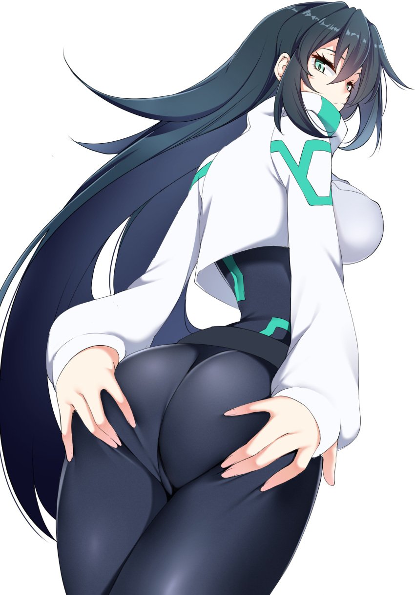 aqua_eyes ass ass_grab black_bodysuit black_hair blush bodysuit bodysuit_under_clothes breasts deep_skin female from_behind fully_clothed gundam gundam_build_divers gundam_build_divers_re:rise hand_on_own_ass highres huge_ass impossible_bodysuit impossible_clothes kippuru large_breasts long_hair looking_at_viewer looking_back may_(gundam_build_divers_re:rise) shiny shiny_hair shrug_(clothing) solo standing