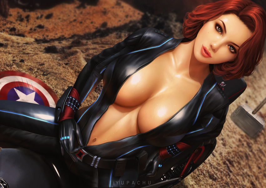 1girls avengers avengers:_age_of_ultron big_breasts black_widow_(marvel) breasts captain_america's_shield cleavage female female_only human large_breasts light-skinned_female light_skin looking_at_viewer marvel marvel_cinematic_universe mjolnir natasha_romanoff shield solo solo_female superheroine unzipped_bodysuit yupachu