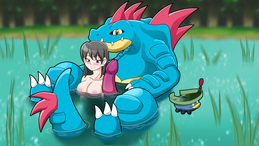 1pokemon breederceleste female feraligatr game_freak lotad metalcow nintendo outdoors partially_submerged pokemon pokephilia trainer_celeste