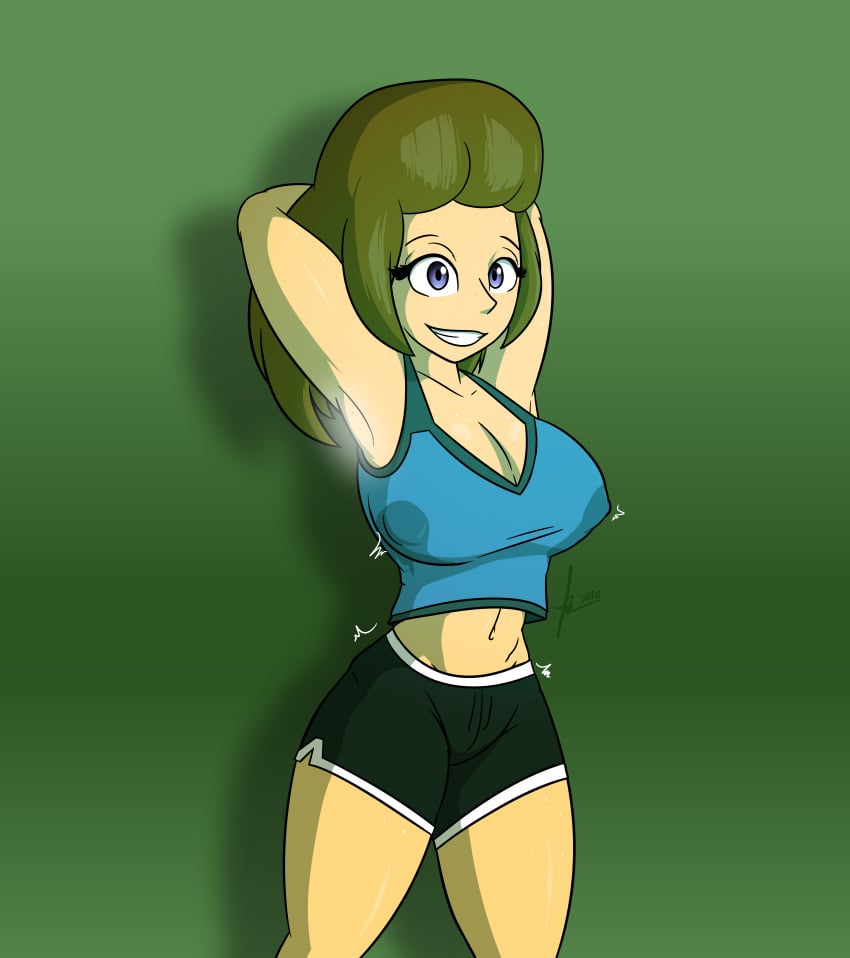 1girls abby_(wii_sports) armpits athletic_female belly big_breasts big_hair big_thighs blue_eyes blue_shirt clavicle cleavage curvy cute female joeyredpanda large_breasts mii navel nintendo shorts smile standing sweat sweatdrop tank_top wii wii_sports