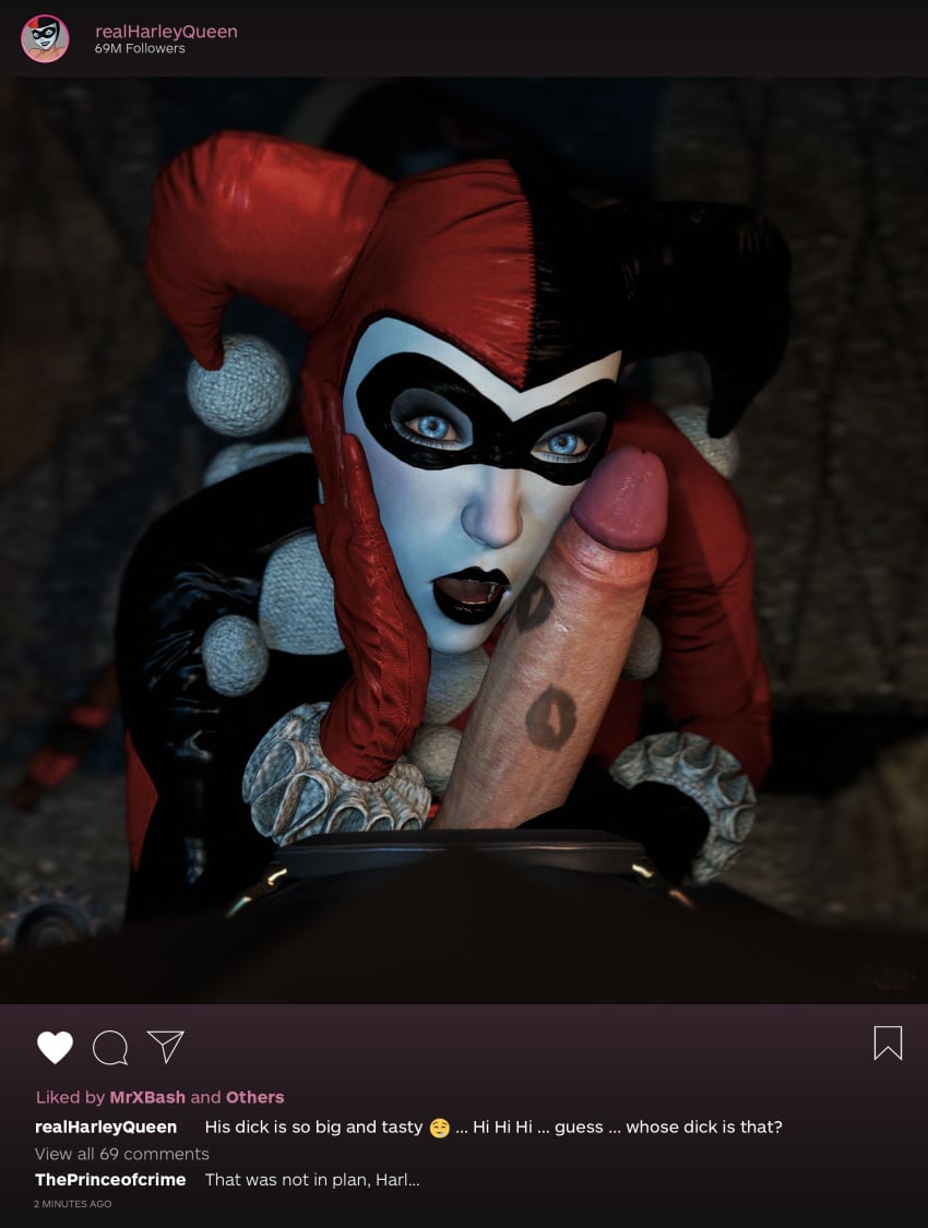 1girls 3d 3d_(artwork) batman:_arkham_knight batman_(series) big_penis black_lipstick blue_eyes bodysuit cheating cock_worship cuckold dc dc_comics erect_penis erection female female_focus glans harley_quinn harley_quinn_(arkham) harley_quinn_(arkham_knight) harley_quinn_(classic) huge_cock instagram kiss_mark lipstick lipstick_on_penis looking_at_viewer makeup penis penis_out phone pose posing rocksteady_studios social_media text wildynsfw