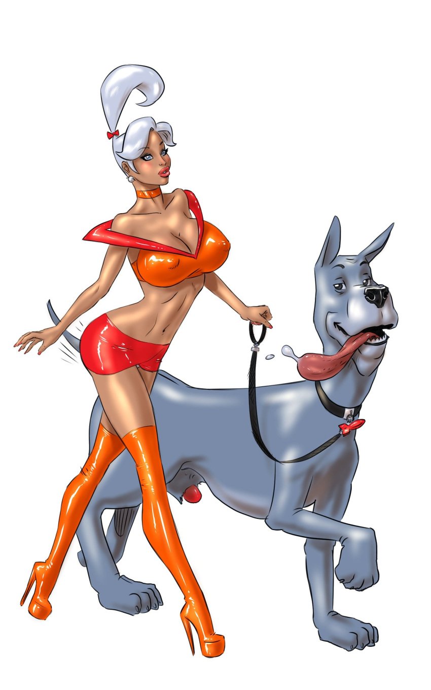 astro_the_space_mutt bare_midriff bare_shoulders big_breasts bimbo blue_eyes blush breasts busty choker cleavage crop_top earrings female female_focus fenris_comix hanna-barbera high_heel_boots high_heels hourglass_figure judy_jetson lipstick long_fingernails long_hair miniskirt nail_polish navel parody penis platform_heels ponytail skimpy skimpy_clothes skirt stiletto_heels tagme the_jetsons thigh_boots tied_hair very_high_heels white_hair wide_hips