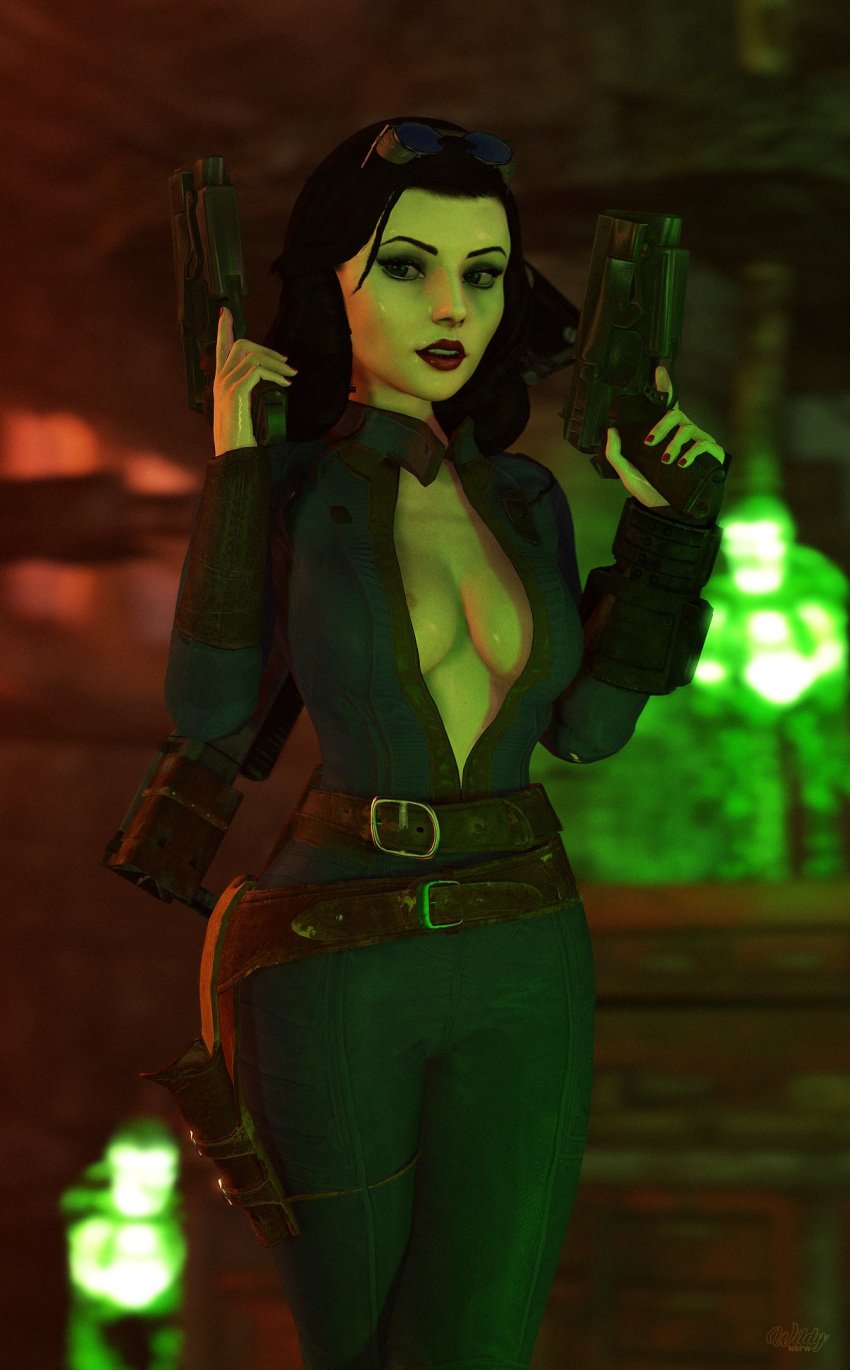 10mm_pistol 1girls 3d 3d_(artwork) belt big_breasts bioshock bioshock_infinite black_hair blue_eyes bodysuit breasts burial_at_sea busty cleavage crossover dual_wielding elizabeth_comstock eyeshadow fallout female female_focus female_only goggles gun gunbelt holster hourglass_figure jumpsuit lipstick long_hair makeup mascara nail_polish pale-skinned_female pale_skin pip-boy solo standing thigh_holster vault_dweller vault_suit weapon wide_hips wildynsfw