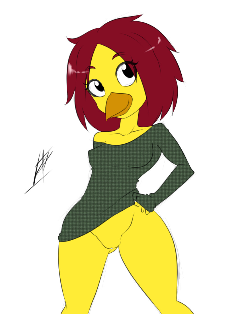 anthro avian baggy_clothing bare_shoulders beak bird bottomless breasts brown_hair chicken clothed clothing curvy_figure female galliform gallus_(genus) genitals hair hi_res inuyuru mammal messy_hair phasianid pussy regue_chicken shirt simple_background smile solo thick_thighs topwear violeta_herrera wide_hips yellow_body