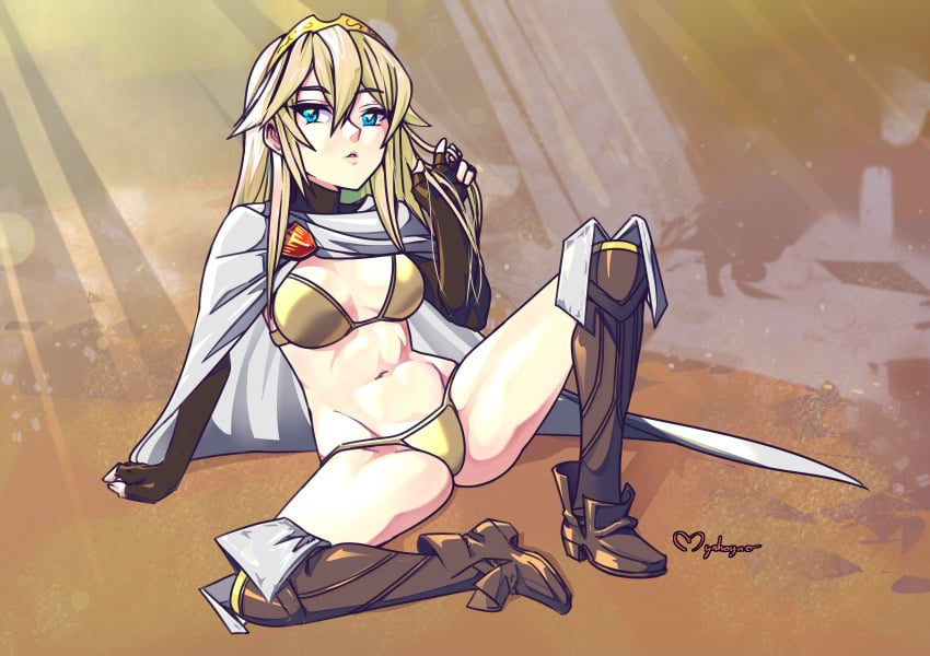 1girls alternate_color alternate_hair_color bare_midriff bare_thighs bikini bikini_armor blonde_hair blue_eyes boots elbow_gloves fingerless_gloves fire_emblem fire_emblem_awakening gloves light_blue_eyes long_hair looking_at_viewer lucina_(fire_emblem) medium_breasts myahogao nintendo playing_with_hair playing_with_own_hair sitting small_breasts solo solo_female super_smash_bros. tiara