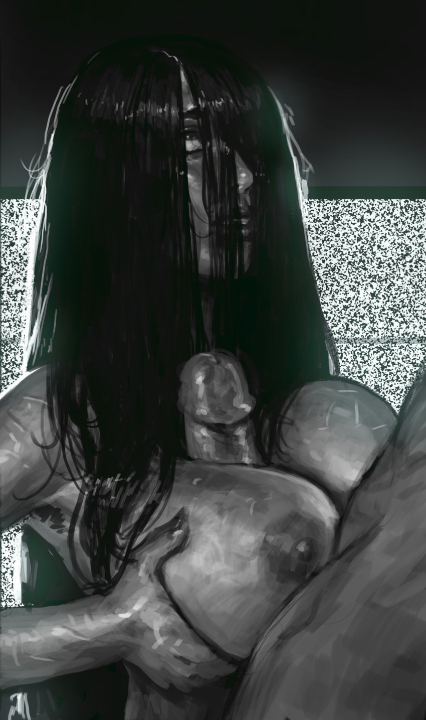 1boy 1girls areolae big_breasts big_penis black_and_white black_hair breasts busty completely_nude creepy curvy dark_hair eyes_rolling_back ghost ghost_girl grayscale greyscale hair_over_eye hair_over_eyes hair_over_one_eye horror horror_(theme) human imminent_oral justsomenoob large_breasts long_hair male_human/female_ghost monochrome naked nipples nude oral outercourse paizuri rolling_eyes scary scary_sex sex spooky static television the_ring thick tv wide_hips yamamura_sadako