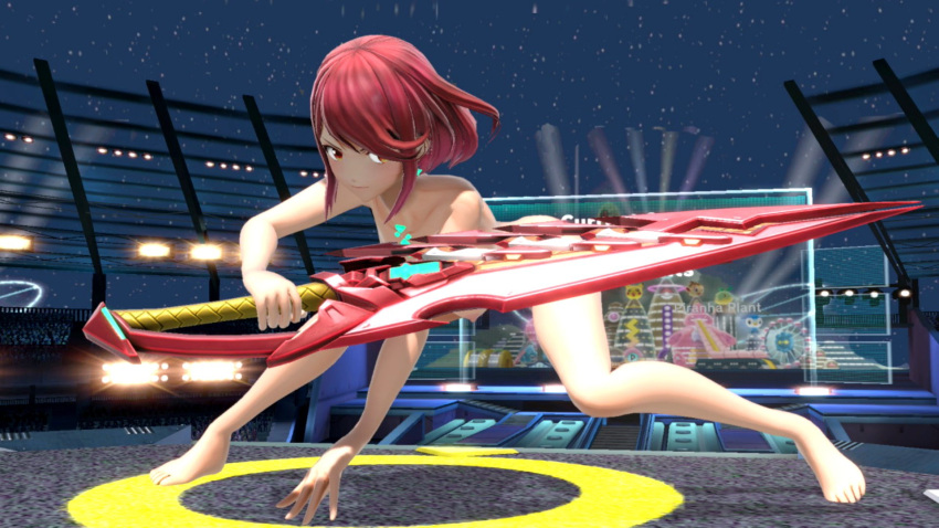 1girls 3d action_pose areolae barefoot breasts completely_nude completely_nude_female core_crystal crouching female female_only full_body game_mod holding_weapon jetnsfw naked naked_female nipples nude nude_female pyra red_hair short_hair solo solo_female streaking super_smash_bros. sword weapon xenoblade_(series)